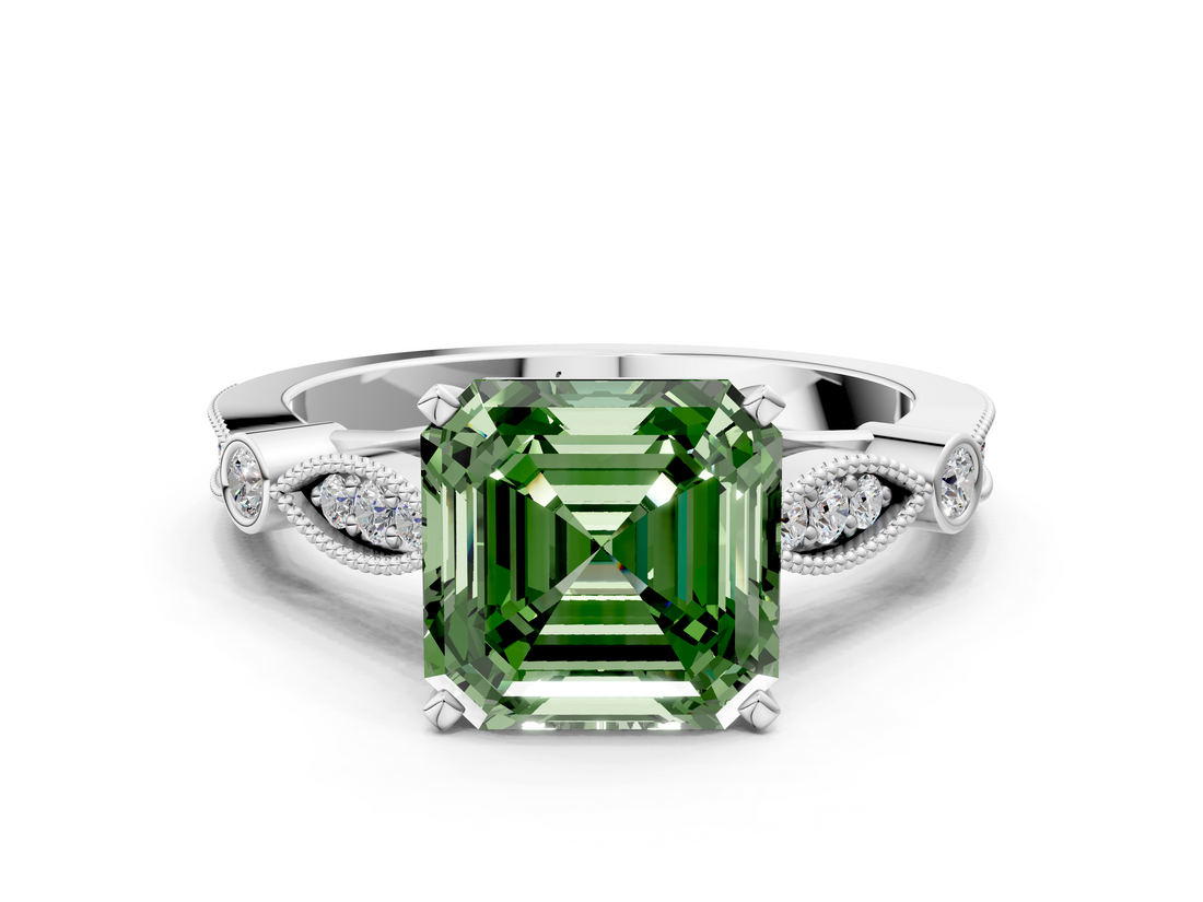 White gold Fancy Green Asscher  Cut Diamond with Milgrain Marquise and Bezel Accents on a Solitaire Band with Prong Setting_17