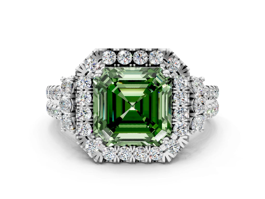 White gold Fancy Green Asscher  Cut Double Halo Diamond Engagement Ring with Pave Band and Four-Prong Setting_37