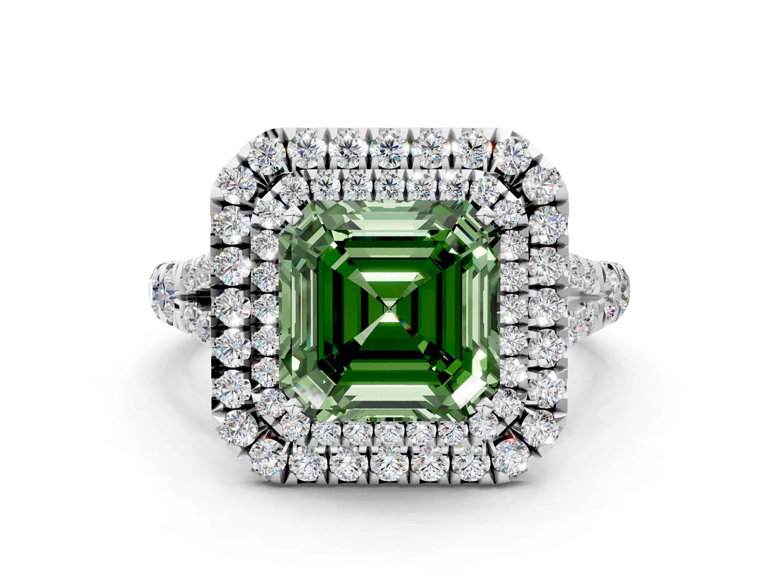 White gold Fancy Green Asscher  Cut Double Halo Split Shank Diamond Ring with Prong Setting_46