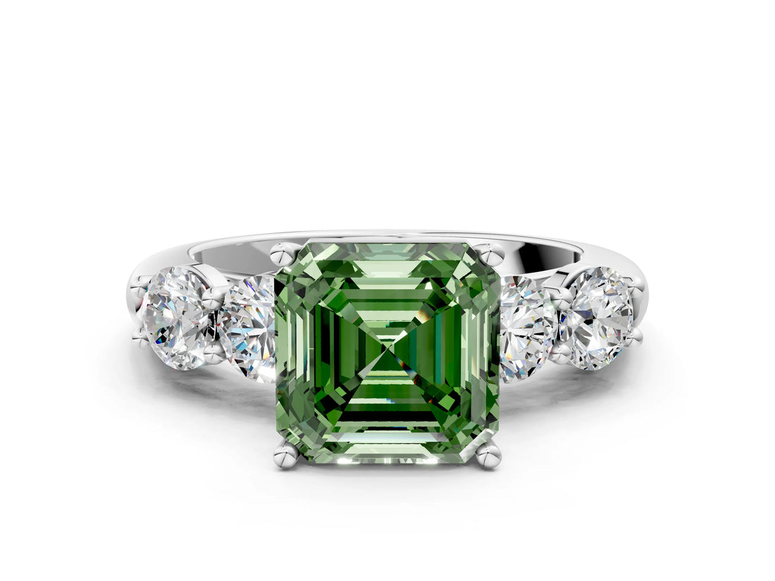 White gold Fancy Green Asscher  Cut Five-Stone Prong Set Diamond Ring with Classic Band_34