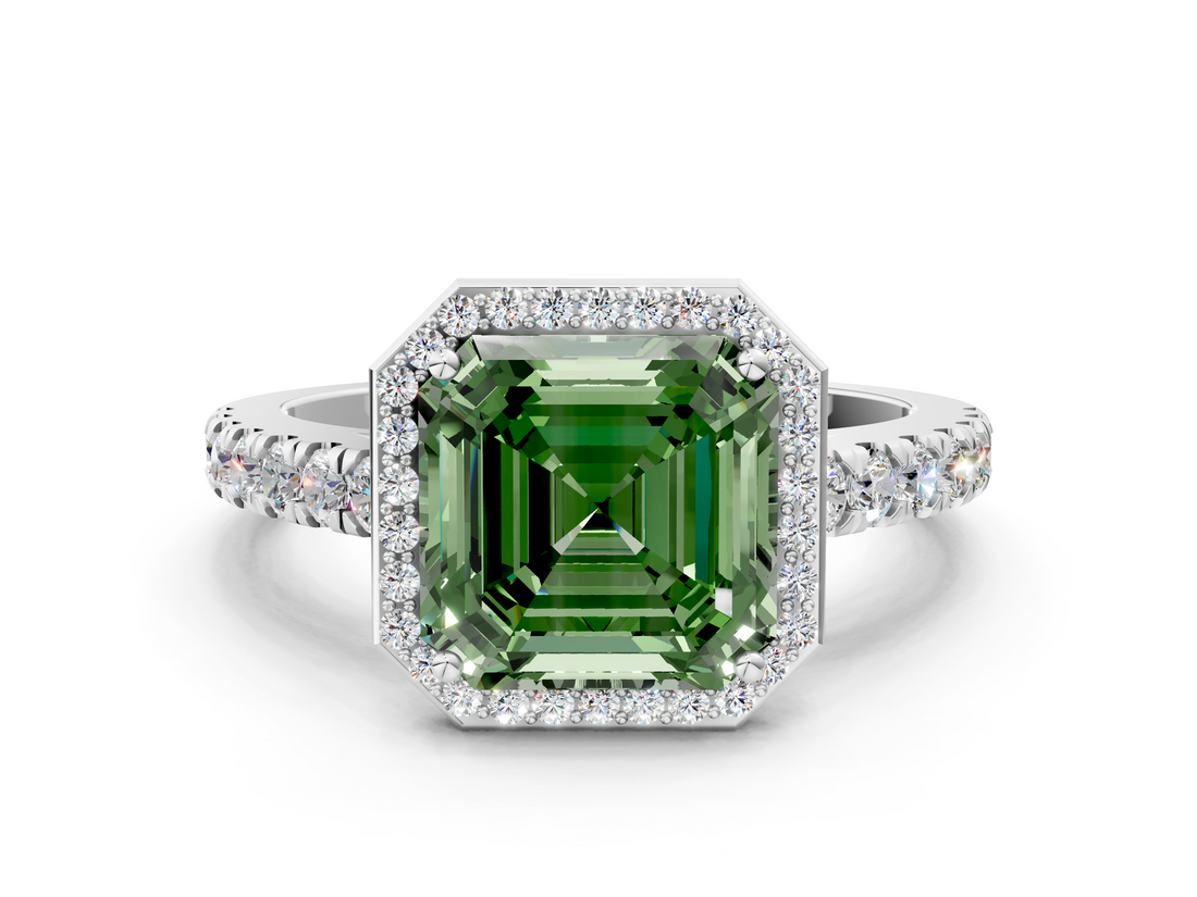 White gold Fancy Green Asscher  Cut Halo Diamond Engagement Ring with Pave Band and Four-Prong Setting_17