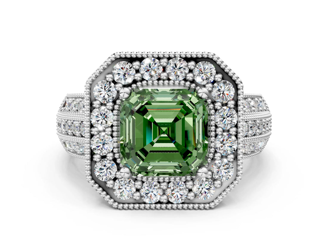 White gold Fancy Green Asscher Cut Halo Diamond Engagement Ring with Pave Split Shank and Four-Prong Setting_12