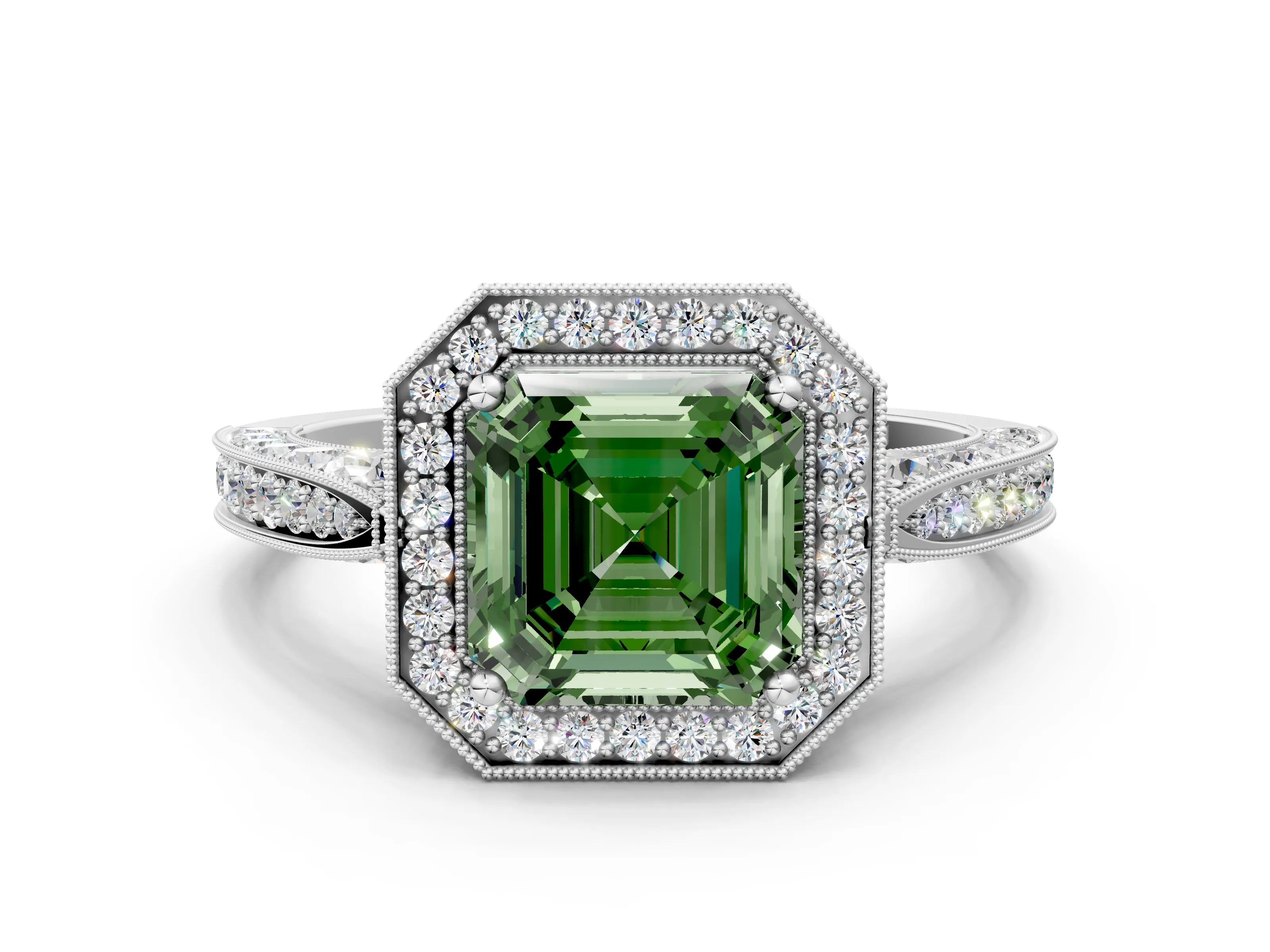 White gold Fancy Green Asscher Cut Halo Diamond Engagement Ring with Split Shank Band and Four-Prong Setting_12