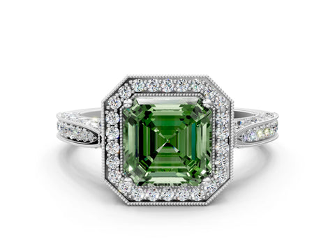 White gold Fancy Green Asscher Cut Halo Diamond Engagement Ring with Split Shank Band and Four-Prong Setting_12