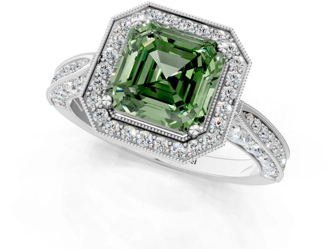 White gold Fancy Green Asscher Cut Halo Diamond Engagement Ring with Split Shank Band and Four-Prong Setting_13