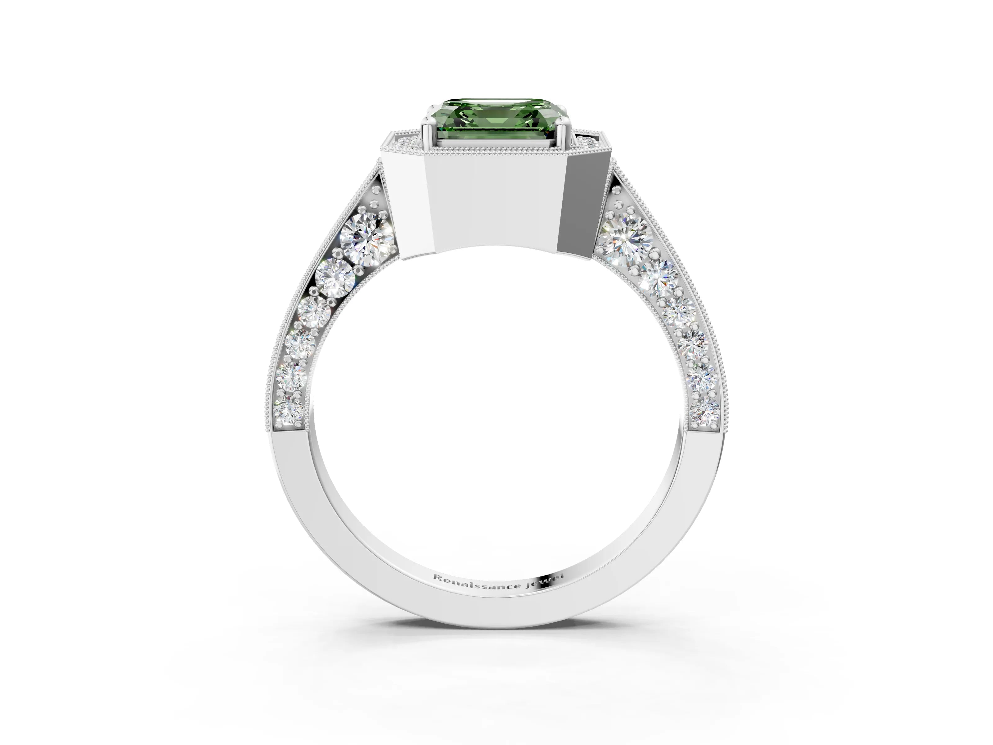 White gold Fancy Green Asscher Cut Halo Diamond Engagement Ring with Split Shank Band and Four-Prong Setting_15