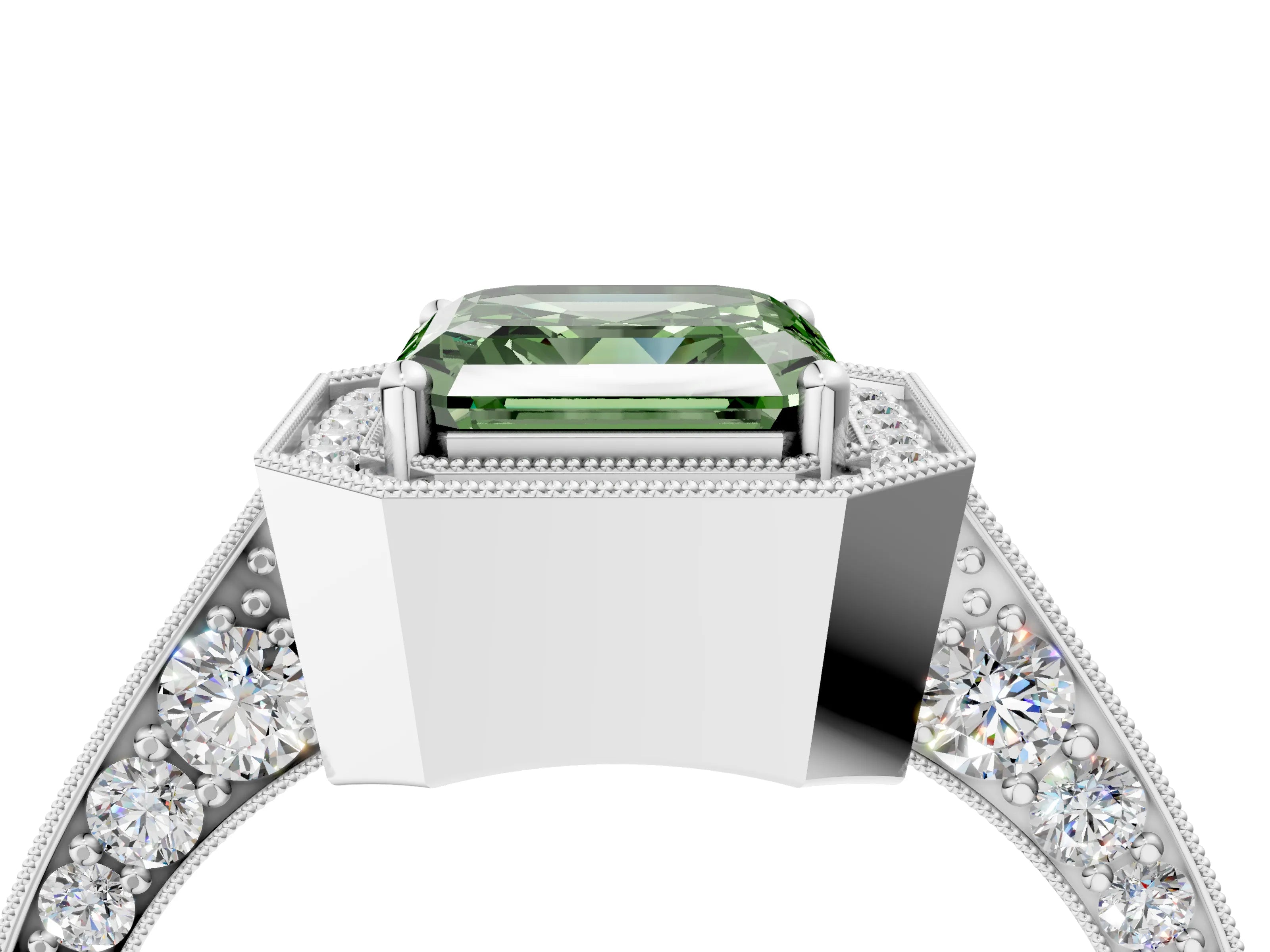 White gold Fancy Green Asscher Cut Halo Diamond Engagement Ring with Split Shank Band and Four-Prong Setting_16