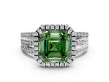 White gold Fancy Green Asscher  Cut Halo Diamond Engagement Ring with Split Shank and Four-Prong Setting