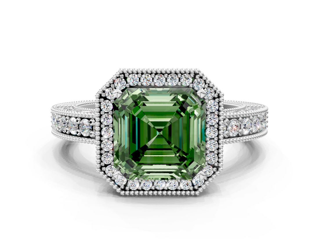 White gold Fancy Green Asscher  Cut Halo Diamond Pave Band Ring with Four-Prong Setting