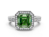 White gold Fancy Green Asscher  Cut Halo Diamond Pave Band Ring with Four-Prong Setting