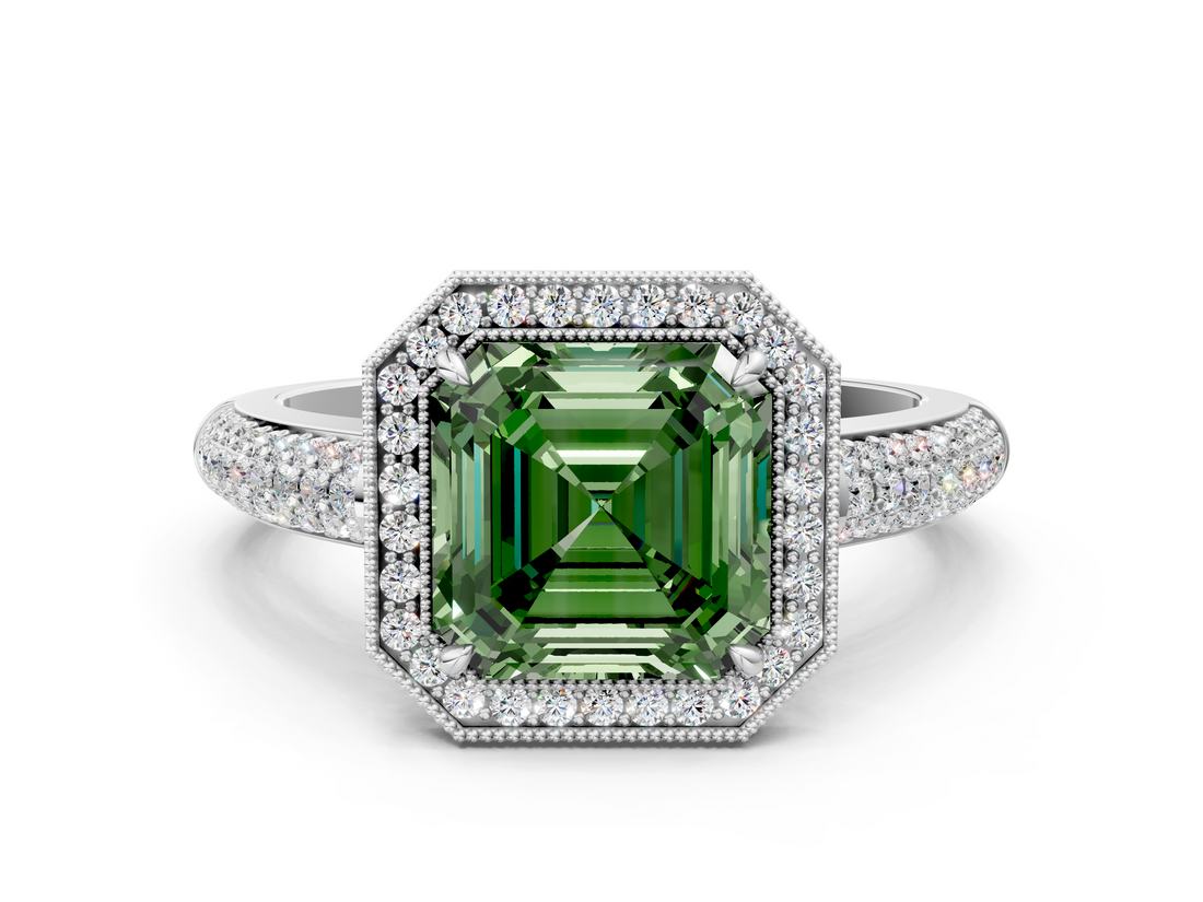 White gold Fancy Green Asscher  Cut Halo Diamond Pave Band with Four-Prong Setting_22