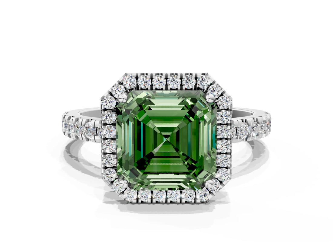 White gold Fancy Green Asscher Cut Halo Diamond Pave Band with Prong Setting