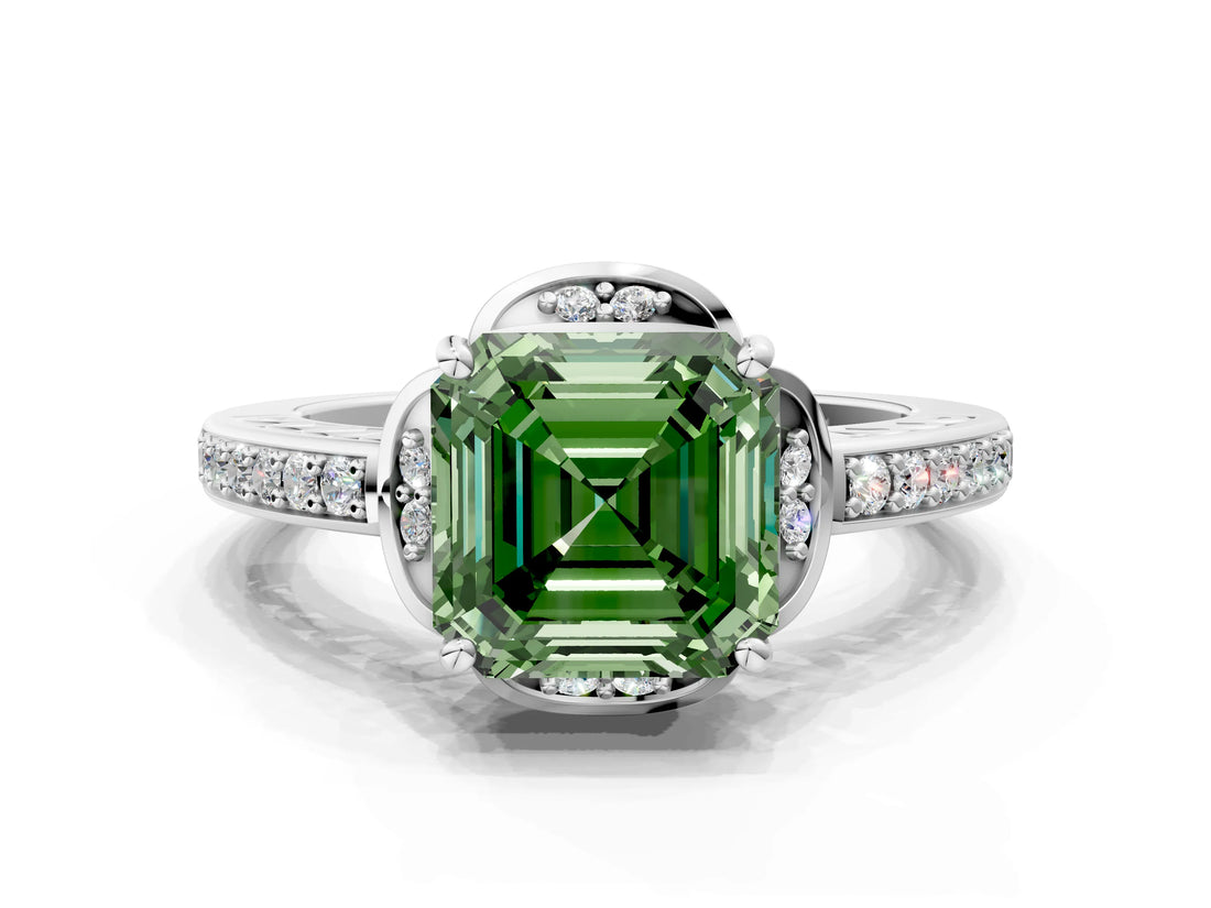 White gold Fancy Green Asscher  Cut Halo Diamond Ring with Channel Set Band and Four-Prong Setting_51