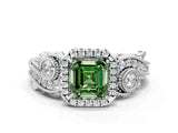 White gold Fancy Green Asscher Cut Halo Diamond Ring with Milgrain and Bezel Accents on a Split Shank Band_12