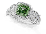 White gold Fancy Green Asscher Cut Halo Diamond Ring with Milgrain and Bezel Accents on a Split Shank Band_13