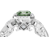 White gold Fancy Green Asscher Cut Halo Diamond Ring with Milgrain and Bezel Accents on a Split Shank Band_16