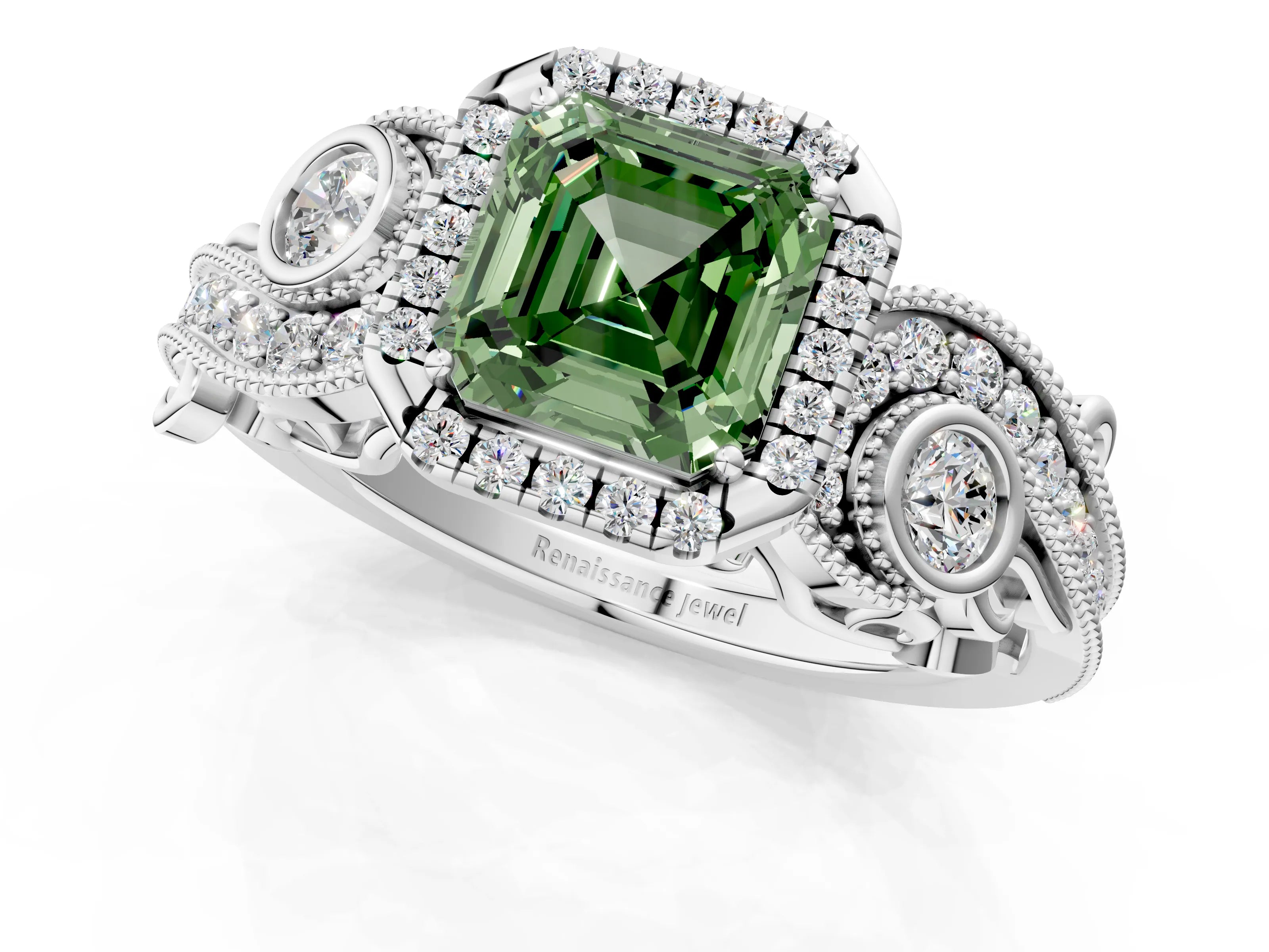 White gold Fancy Green Asscher Cut Halo Diamond Ring with Milgrain and Bezel Accents on a Split Shank Band_1