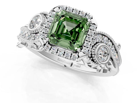 White gold Fancy Green Asscher Cut Halo Diamond Ring with Milgrain and Bezel Accents on a Split Shank Band_1
