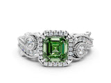 White gold Fancy Green Asscher Cut Halo Diamond Ring with Milgrain and Bezel Accents on a Split Shank Band_24