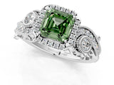 White gold Fancy Green Asscher Cut Halo Diamond Ring with Milgrain and Bezel Accents on a Split Shank Band_25