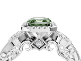 White gold Fancy Green Asscher Cut Halo Diamond Ring with Milgrain and Bezel Accents on a Split Shank Band_28