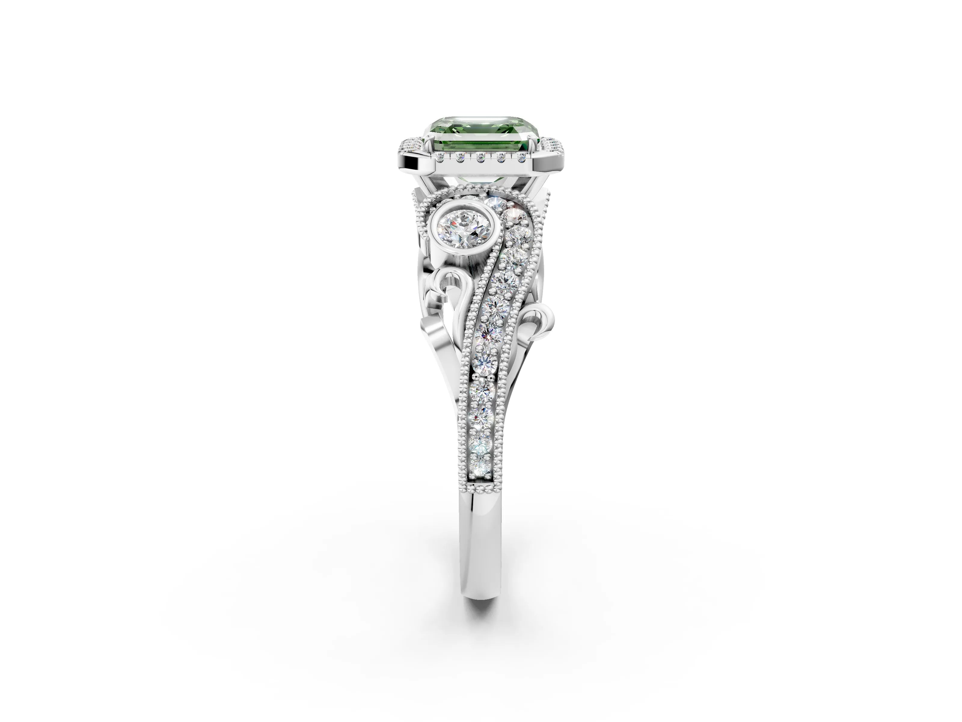 White gold Fancy Green Asscher Cut Halo Diamond Ring with Milgrain and Bezel Accents on a Split Shank Band_2