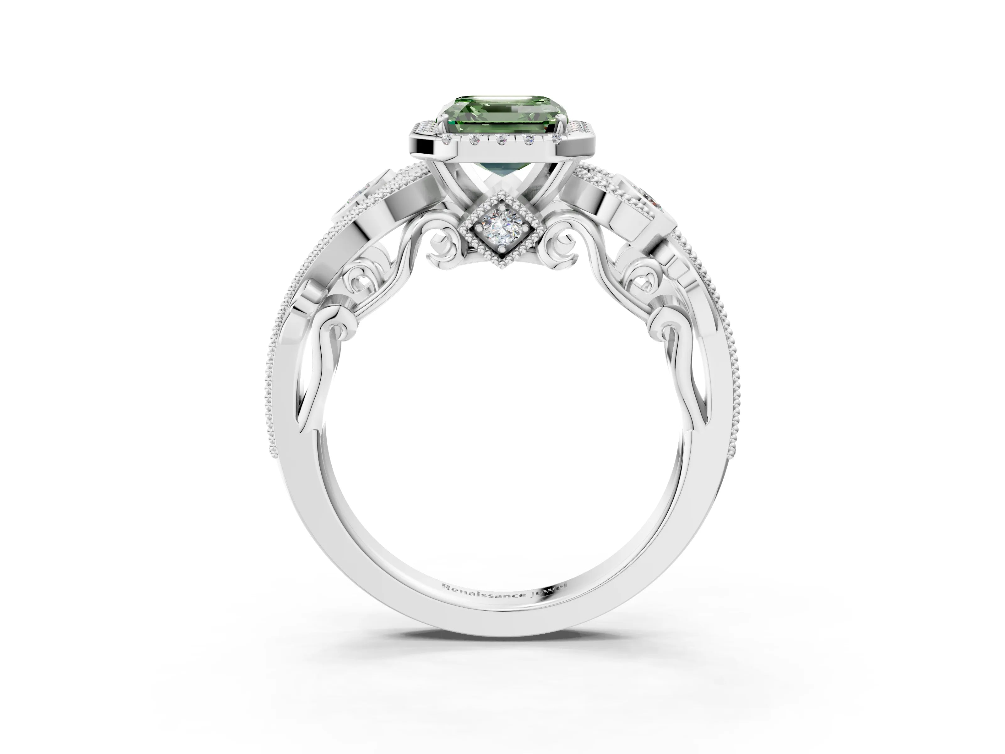 White gold Fancy Green Asscher Cut Halo Diamond Ring with Milgrain and Bezel Accents on a Split Shank Band_3