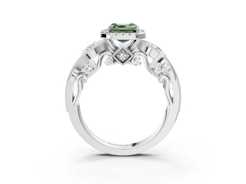 White gold Fancy Green Asscher Cut Halo Diamond Ring with Milgrain and Bezel Accents on a Split Shank Band_3