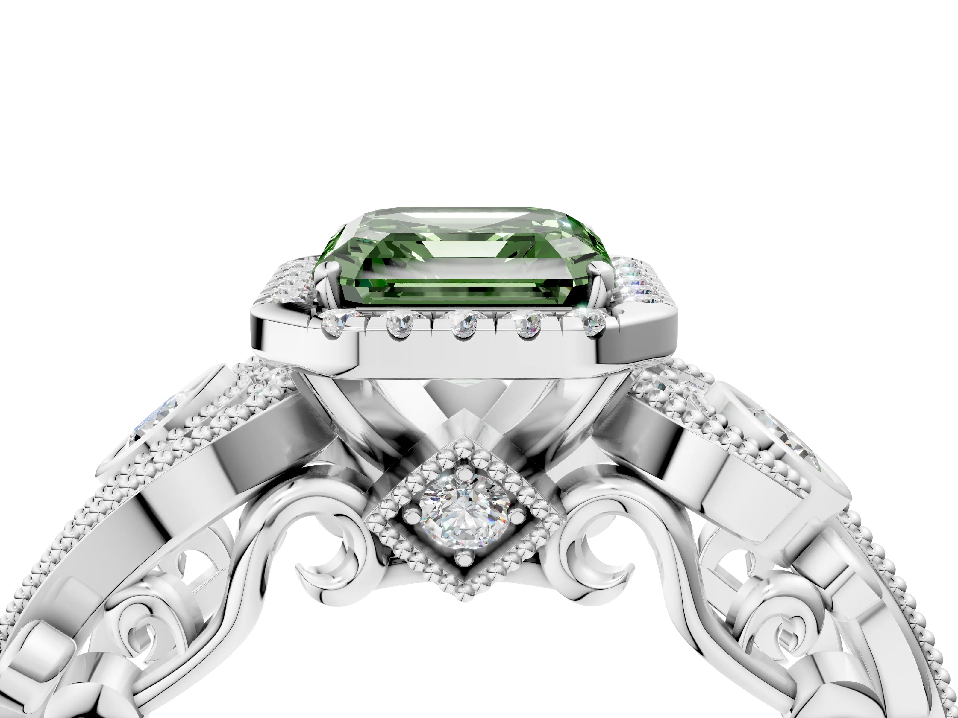 White gold Fancy Green Asscher Cut Halo Diamond Ring with Milgrain and Bezel Accents on a Split Shank Band_4