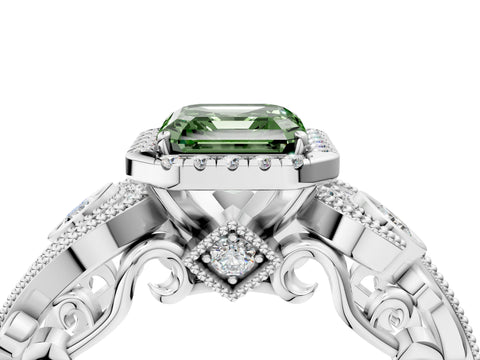 White gold Fancy Green Asscher Cut Halo Diamond Ring with Milgrain and Bezel Accents on a Split Shank Band_4