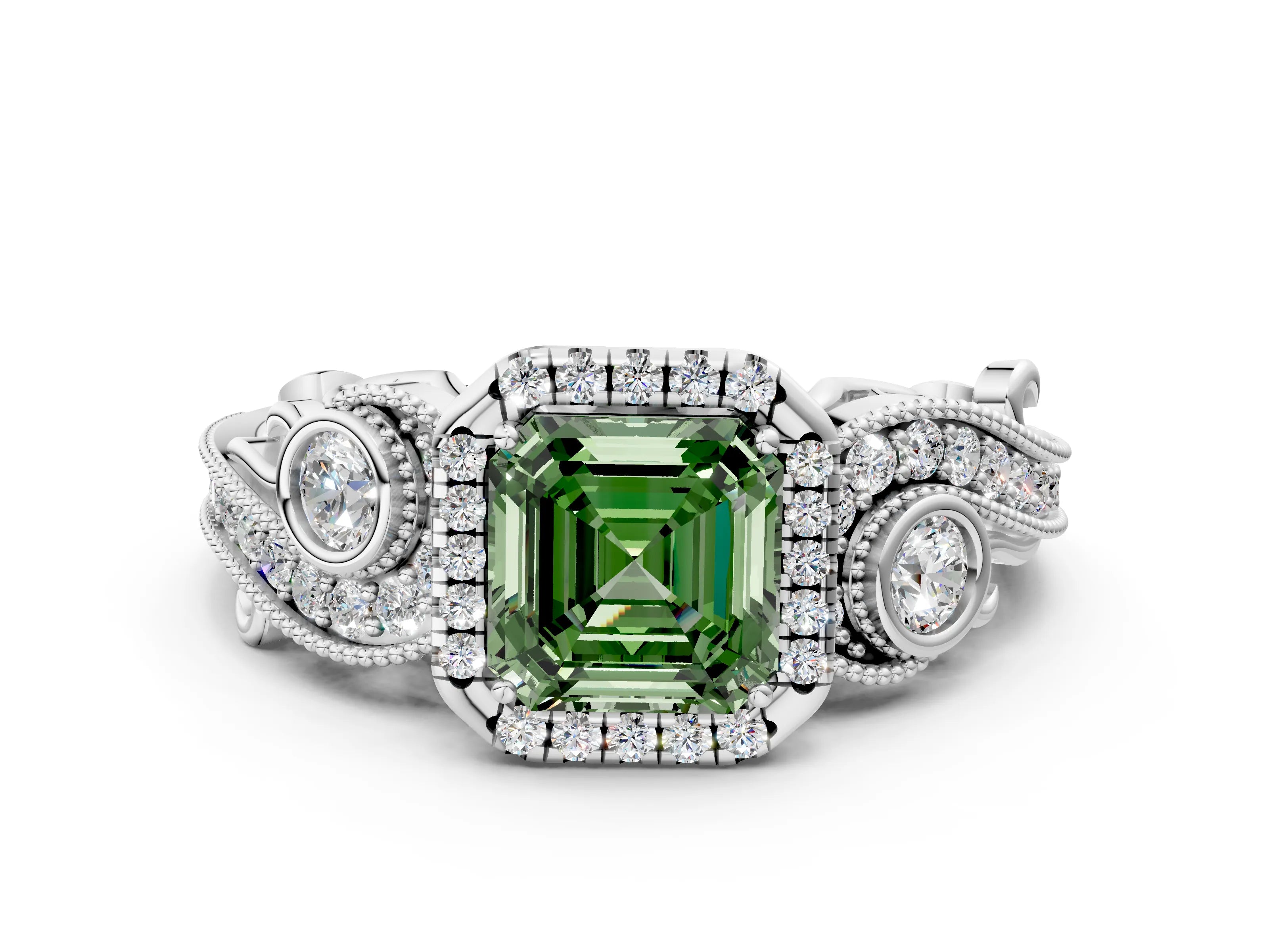 White gold Fancy Green Asscher Cut Halo Diamond Ring with Milgrain and Bezel Accents on a Split Shank Band