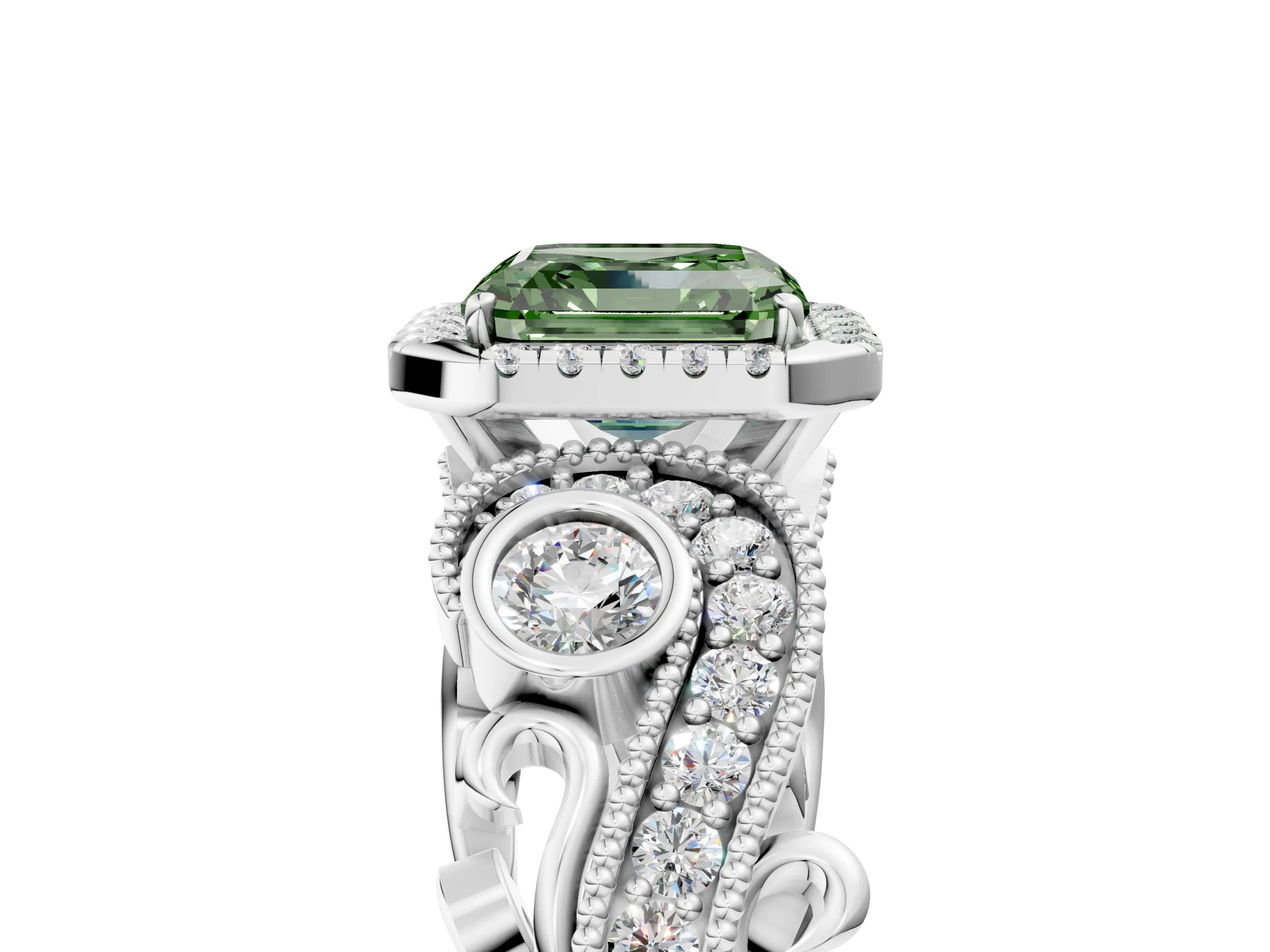 White gold Fancy Green Asscher Cut Halo Diamond Ring with Milgrain and Bezel Accents on a Split Shank Band_5