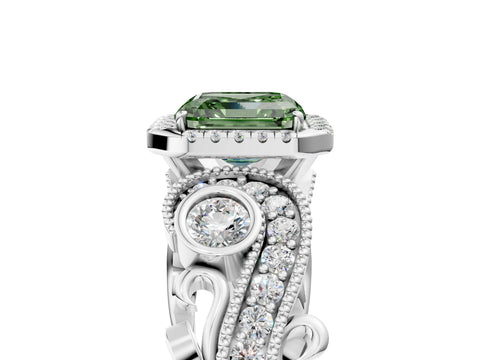 White gold Fancy Green Asscher Cut Halo Diamond Ring with Milgrain and Bezel Accents on a Split Shank Band_5