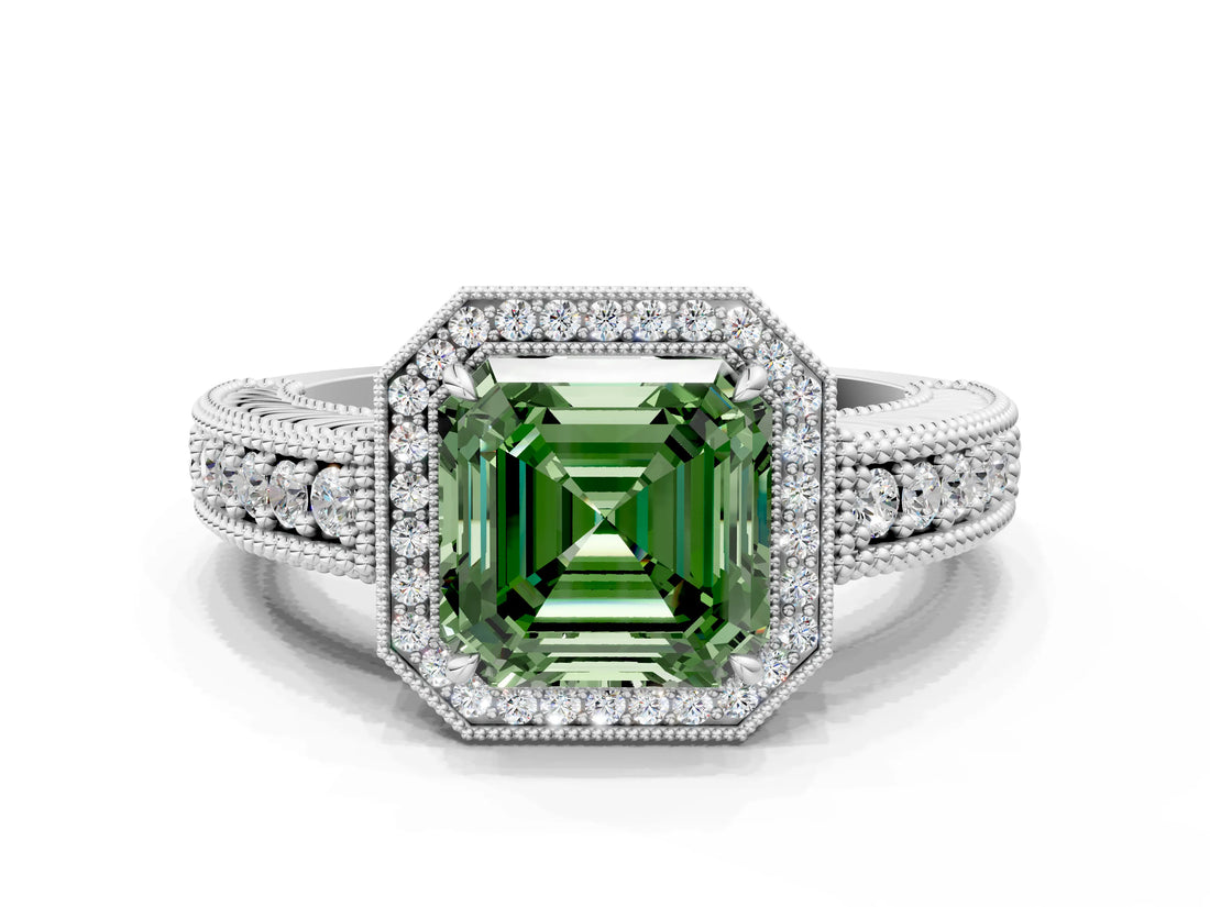 White gold Fancy Green Asscher  Cut Halo Diamond Ring with Pavé Band and Four-Prong Setting_29