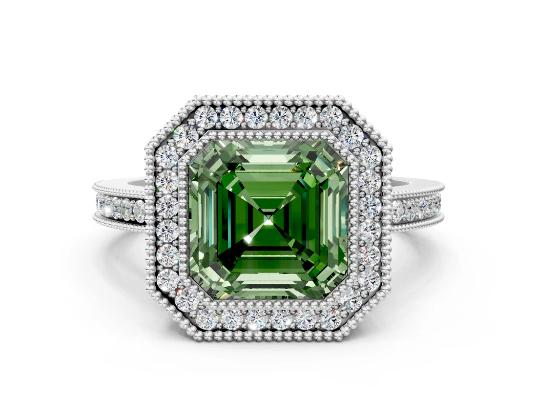 White gold Fancy Green Asscher  Cut Halo Diamond Ring with Pavé Band and Milgrain Prong Setting_49