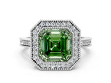 White gold Fancy Green Asscher  Cut Halo Diamond Ring with Pavé Band and Milgrain Prong Setting_49