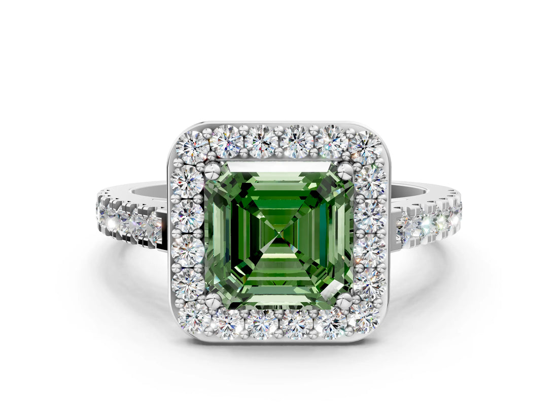 White gold Fancy Green Asscher Cut Halo Diamond Ring with Pavé Band and Three-Prong Setting_12