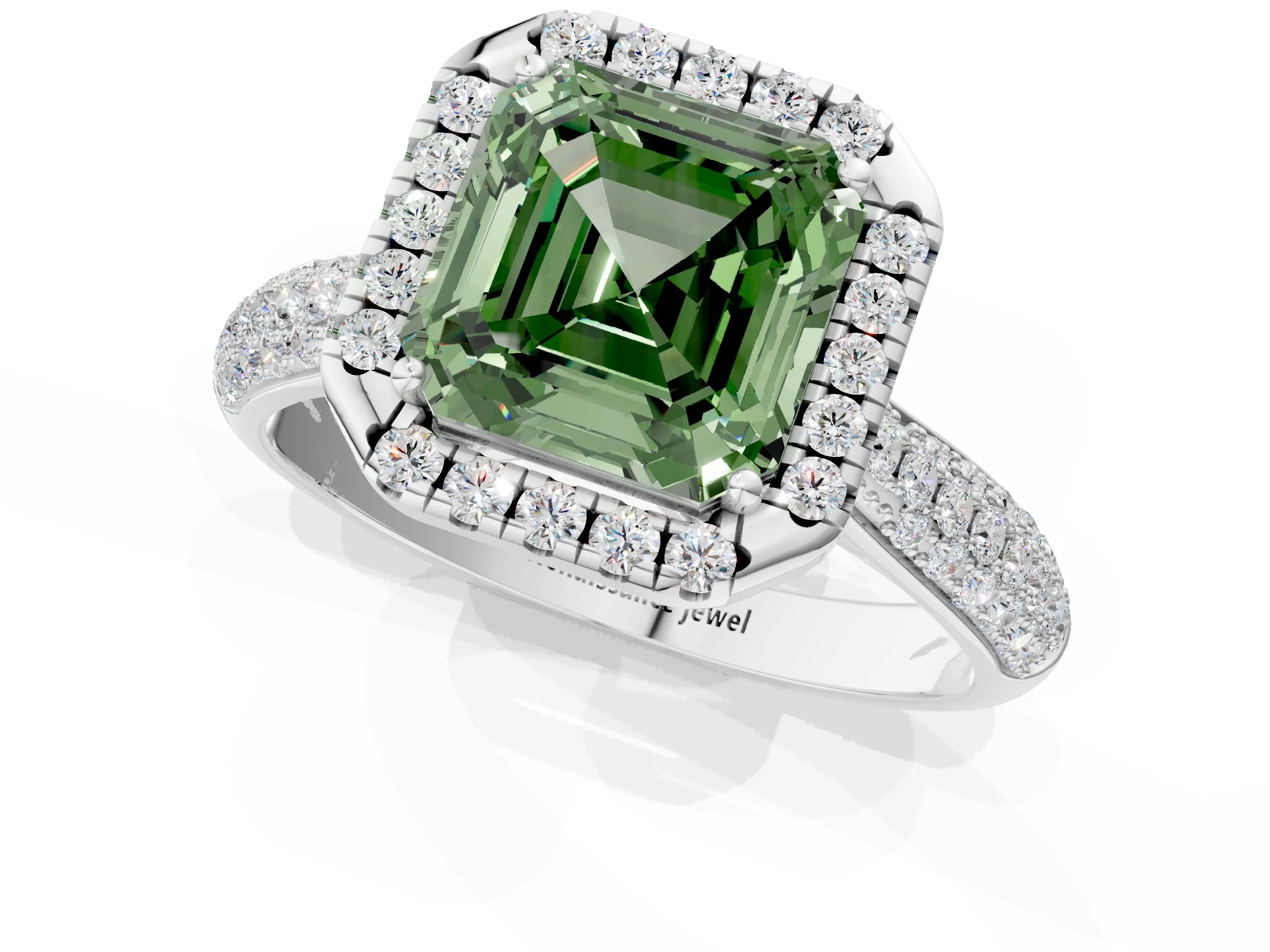 White gold Fancy Green Asscher Cut Halo Diamond Ring with Pavé Band_1
