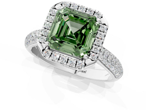 White gold Fancy Green Asscher Cut Halo Diamond Ring with Pavé Band_1