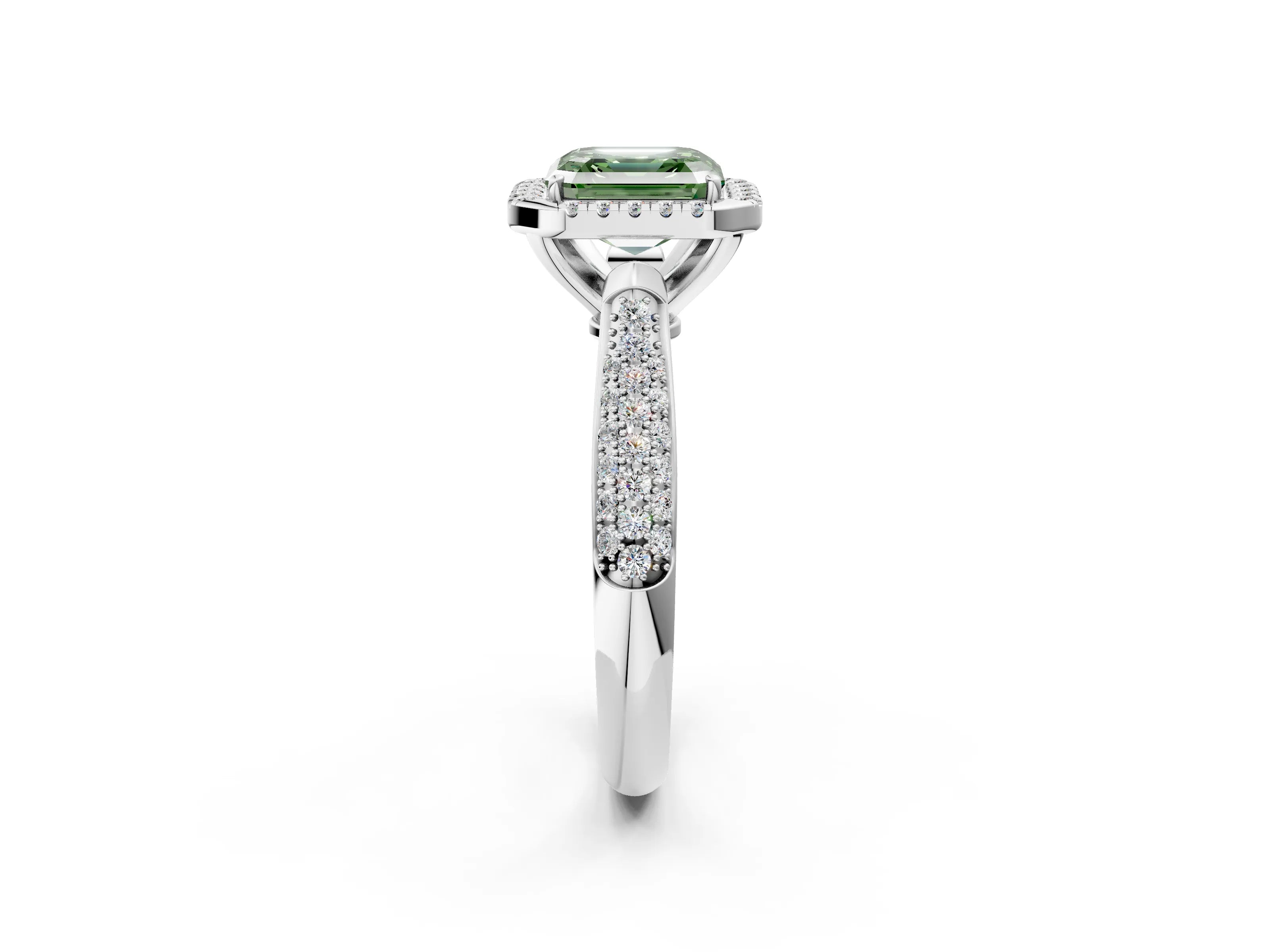 White gold Fancy Green Asscher Cut Halo Diamond Ring with Pavé Band_2