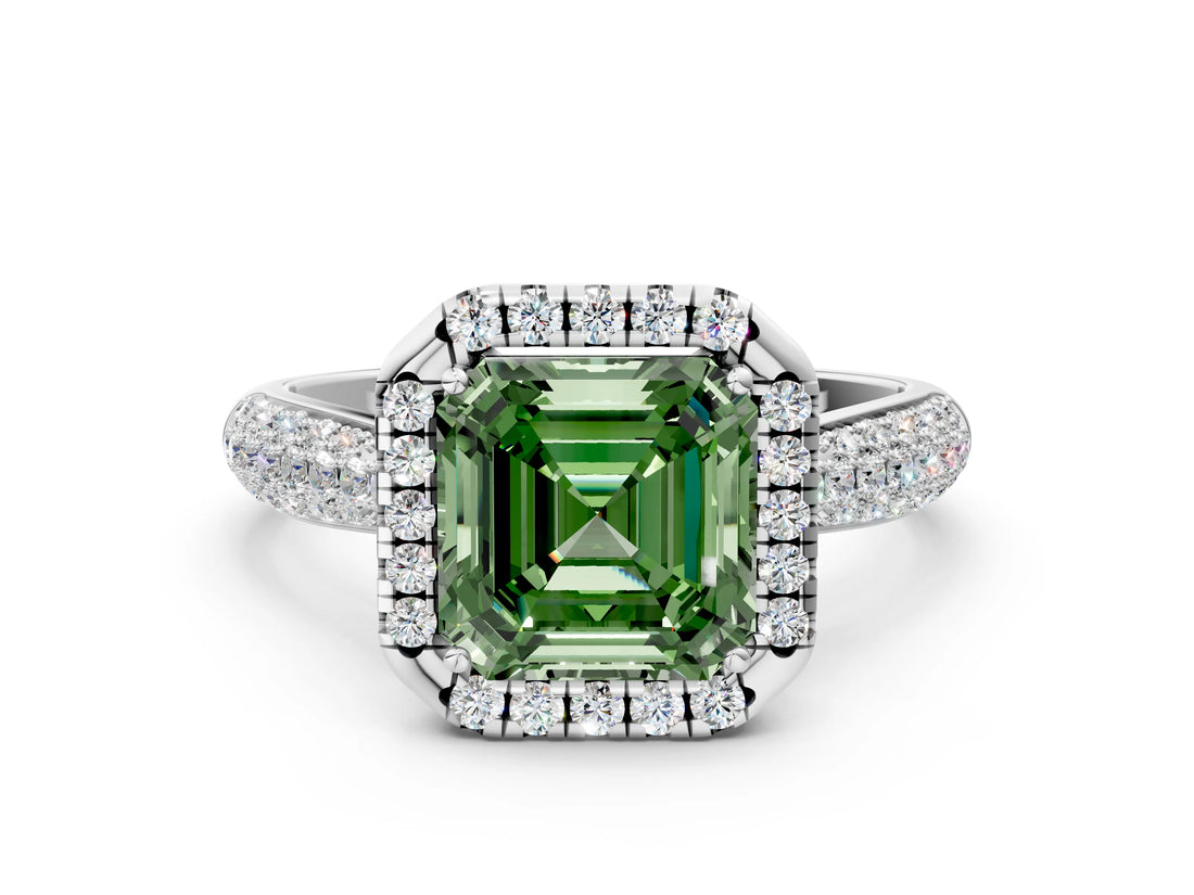White gold Fancy Green Asscher Cut Halo Diamond Ring with Pavé Band_36