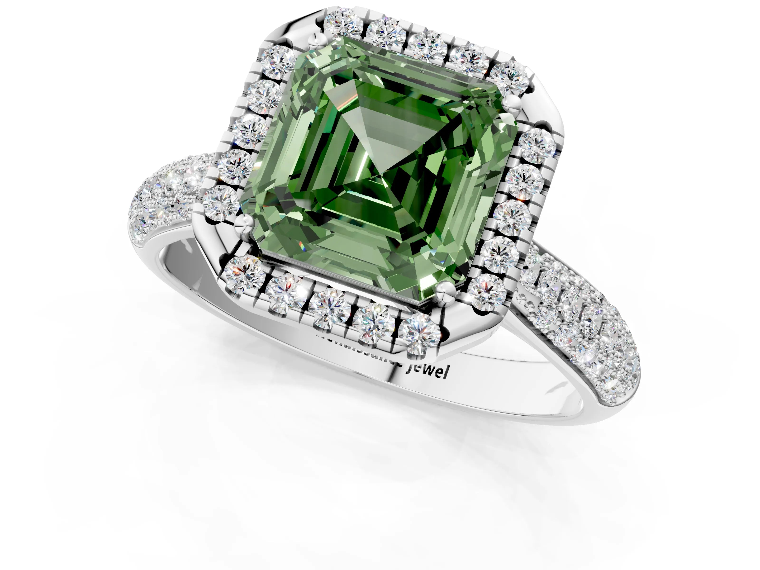 White gold Fancy Green Asscher Cut Halo Diamond Ring with Pavé Band_37