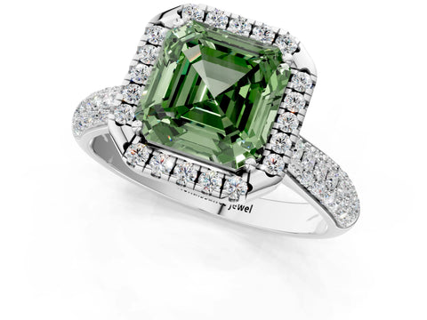 White gold Fancy Green Asscher Cut Halo Diamond Ring with Pavé Band_37
