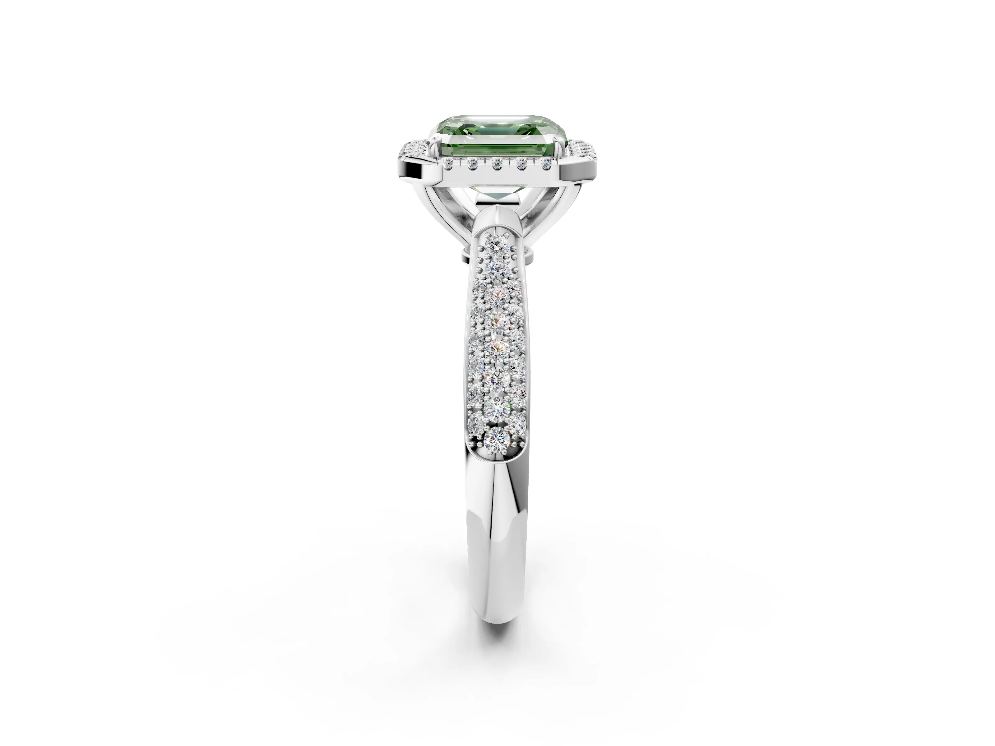 White gold Fancy Green Asscher Cut Halo Diamond Ring with Pavé Band_38