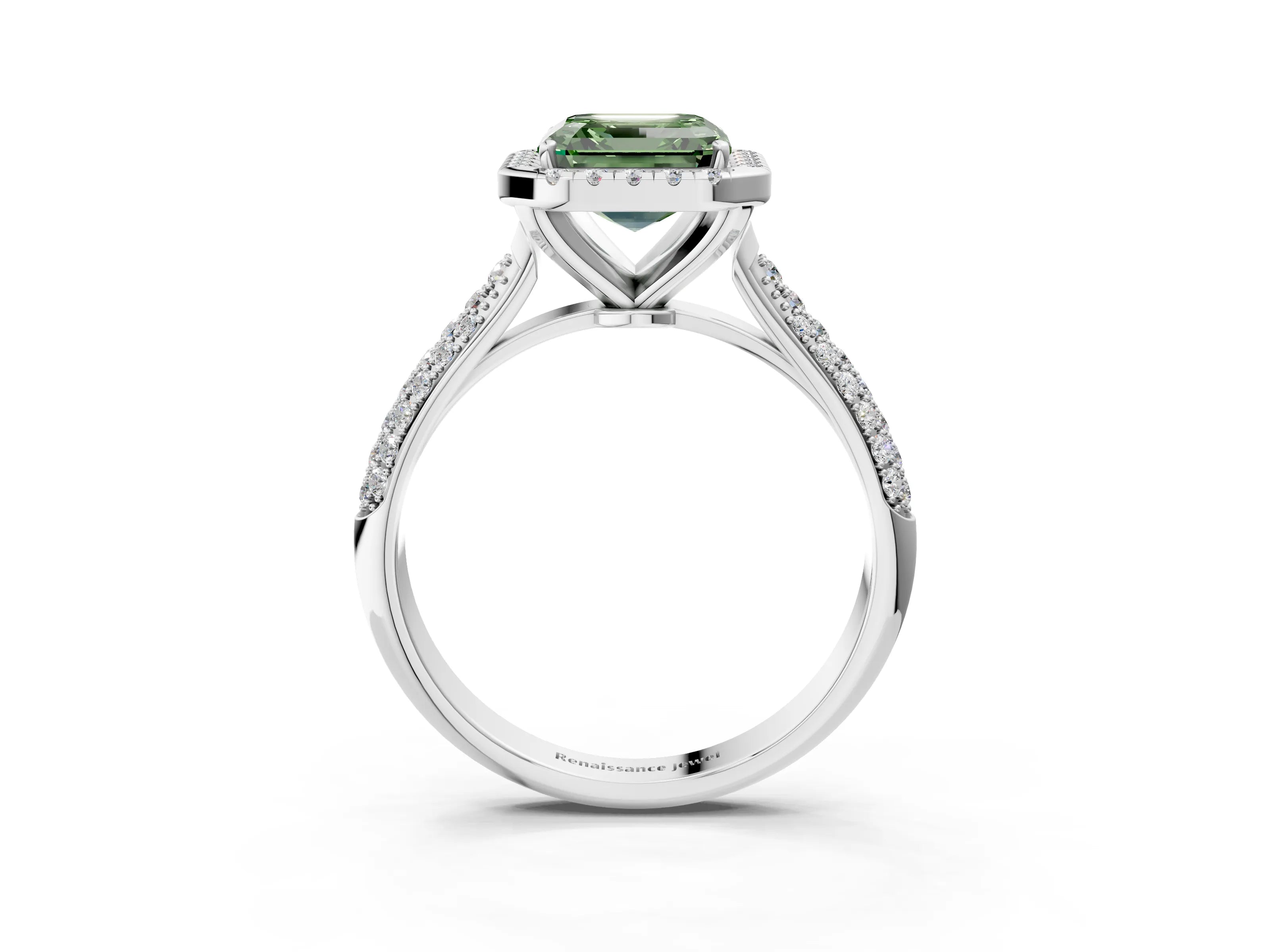 White gold Fancy Green Asscher Cut Halo Diamond Ring with Pavé Band_39