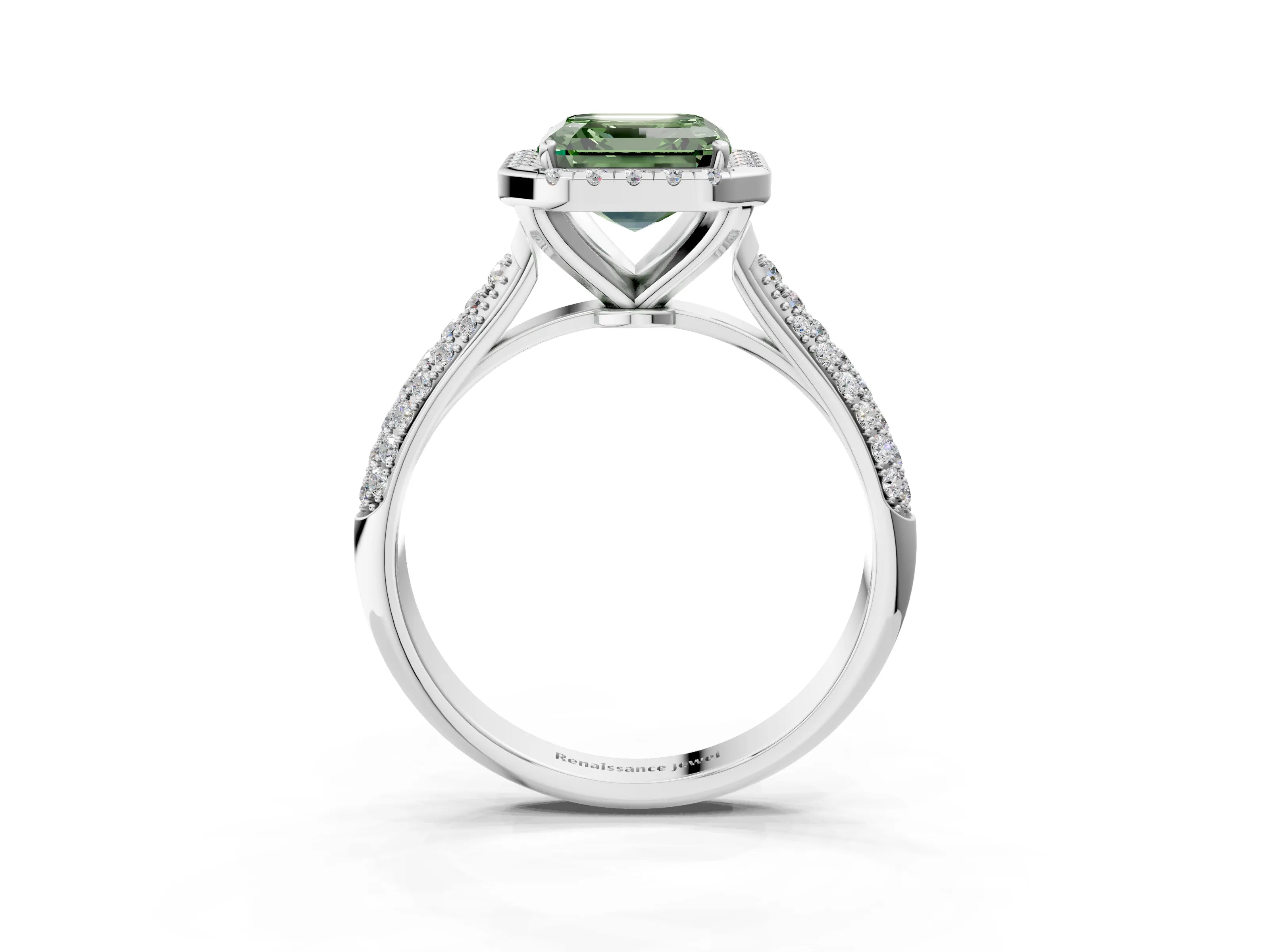 White gold Fancy Green Asscher Cut Halo Diamond Ring with Pavé Band_3