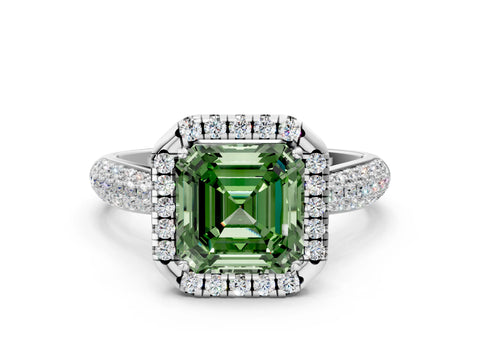 White gold Fancy Green Asscher Cut Halo Diamond Ring with Pavé Band