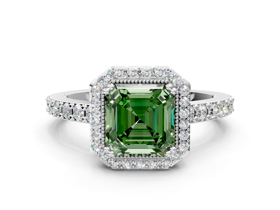 White gold Fancy Green Asscher  Cut Halo Diamond Ring with Pave Band and Four-Prong Setting_17