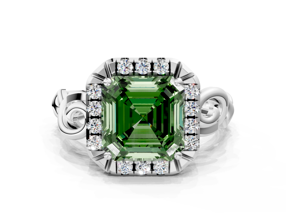 White gold Fancy Green Asscher  Cut Halo Diamond Ring with Scrollwork Band and Four-Prong Setting