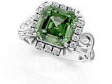 White gold Fancy Green Asscher  Cut Halo Diamond Ring with Scrollwork Band and Four-Prong Setting_1